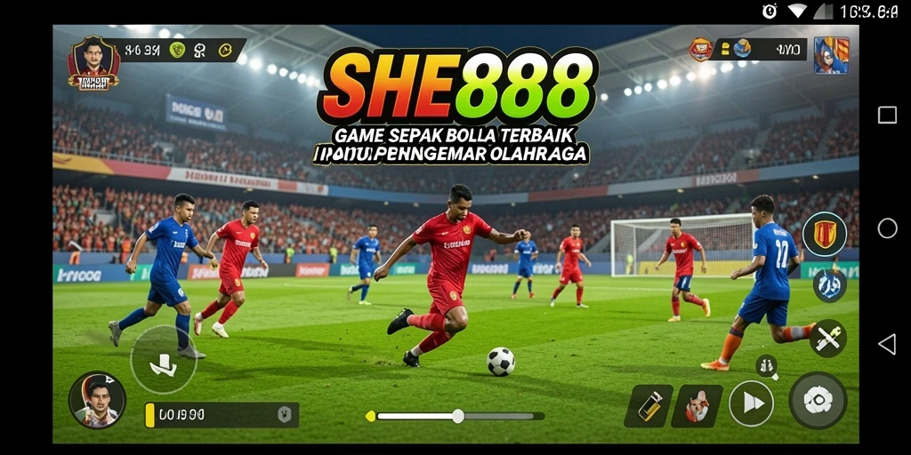 Screenshot gameplay SHE888 yang menampilkan aksi seru di lapangan sepak bola.
